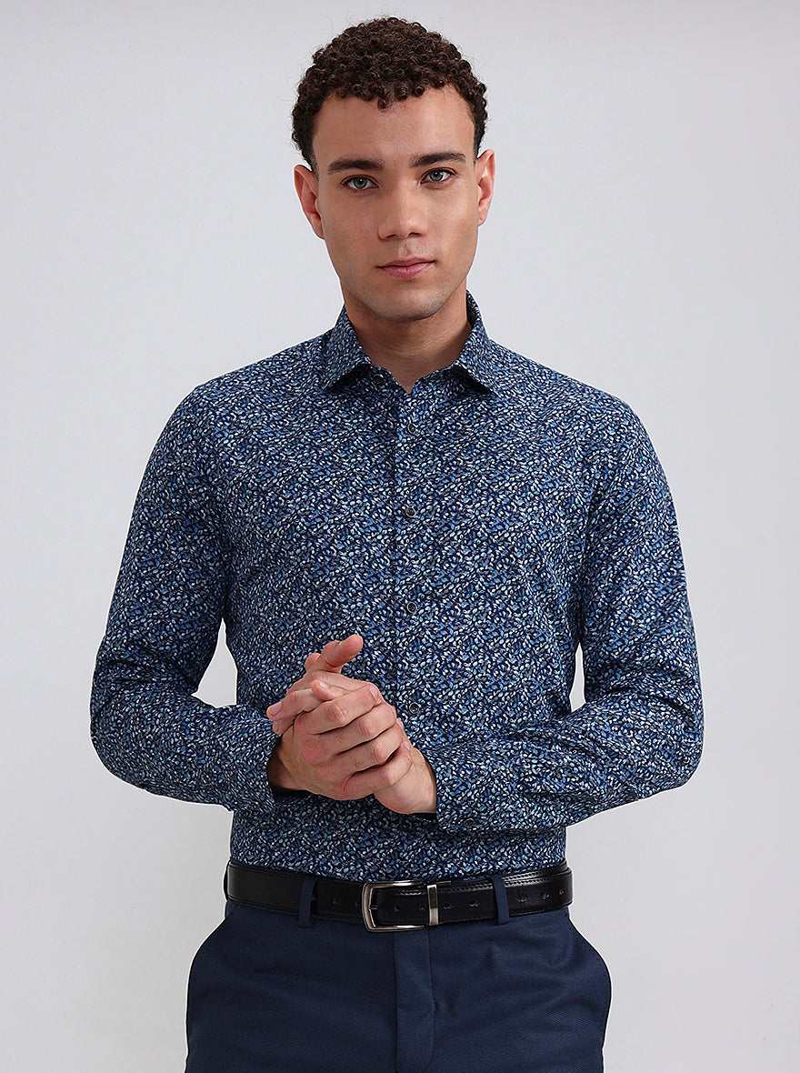 Blue Printed Slim Fit Party Wear Shirt | Wyre