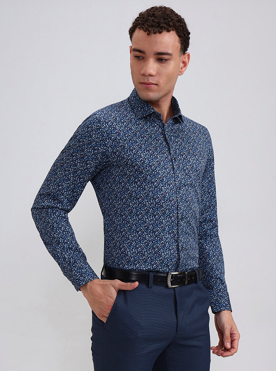 Blue Printed Slim Fit Party Wear Shirt | Wyre
