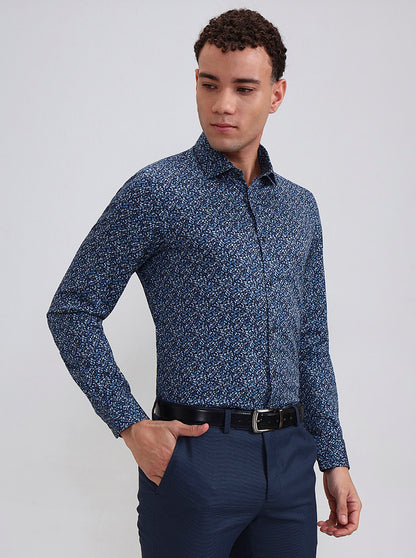 Blue Printed Slim Fit Party Wear Shirt | Wyre