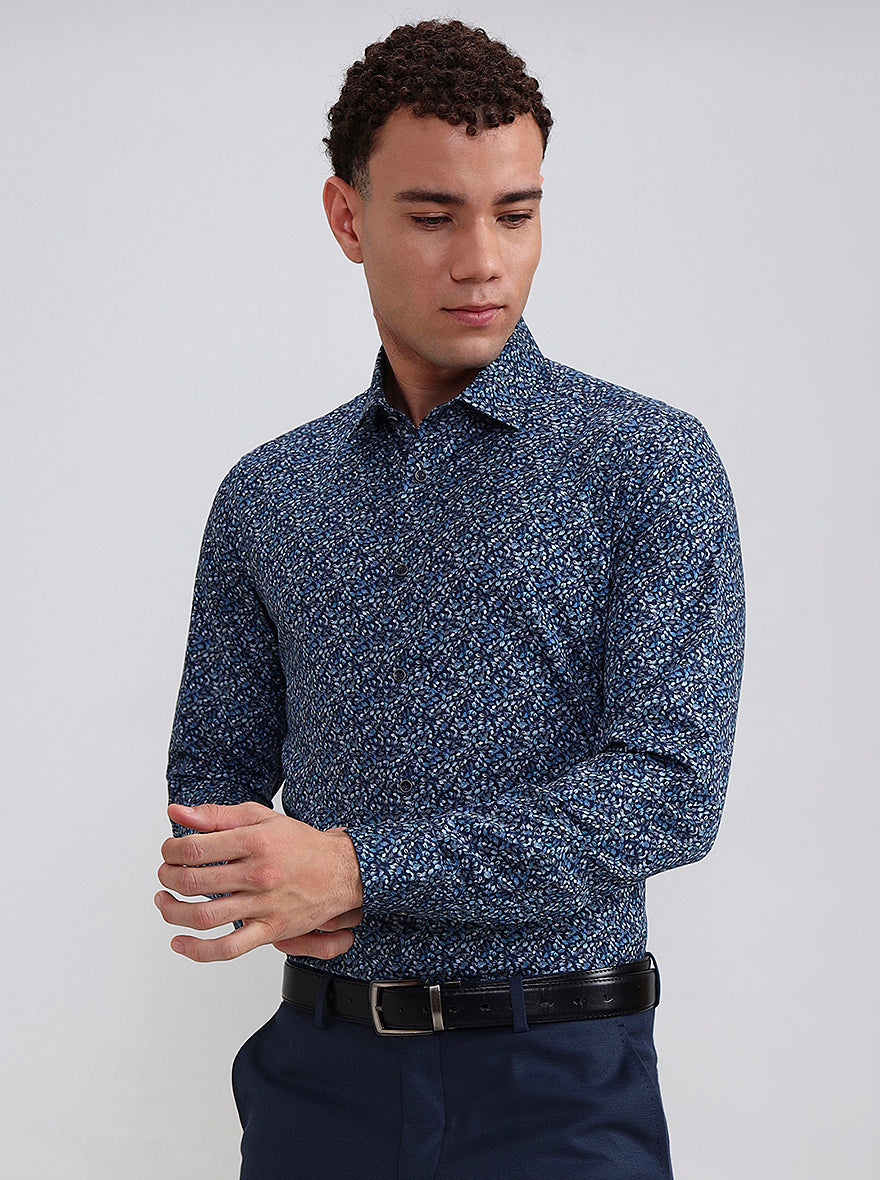 Blue Printed Slim Fit Party Wear Shirt | Wyre