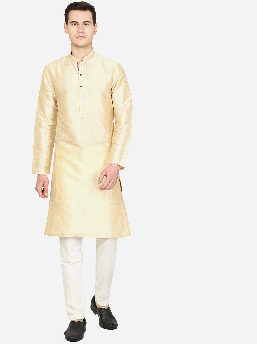 Golden Beige Classic Solid Silk Blend Kurta | The Kurta Company