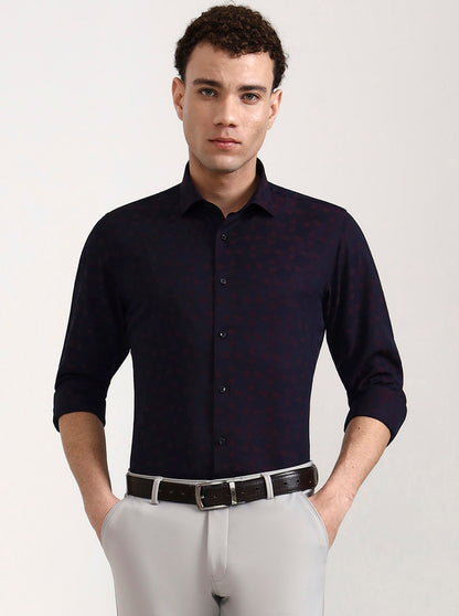 Navy Blue Printed Slim Fit Party Wear Shirt | Wyre