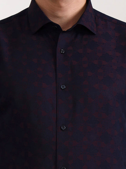 Navy Blue Printed Slim Fit Party Wear Shirt | Wyre