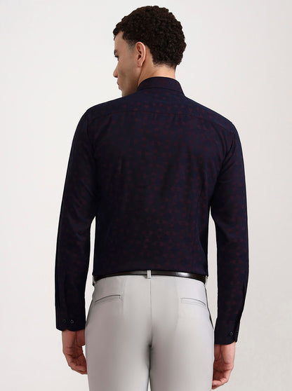 Navy Blue Printed Slim Fit Party Wear Shirt | Wyre