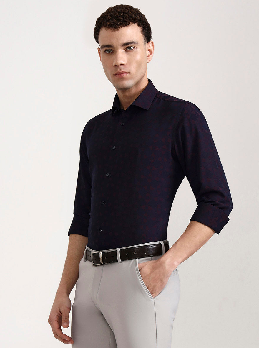 Navy Blue Printed Slim Fit Party Wear Shirt | Wyre