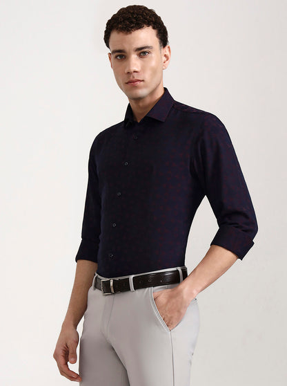 Navy Blue Printed Slim Fit Party Wear Shirt | Wyre
