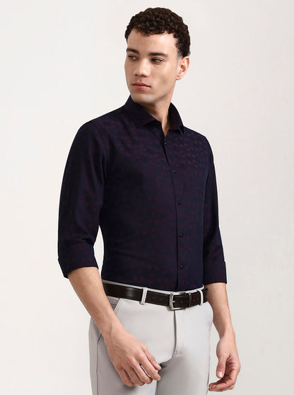 Navy Blue Printed Slim Fit Party Wear Shirt | Wyre