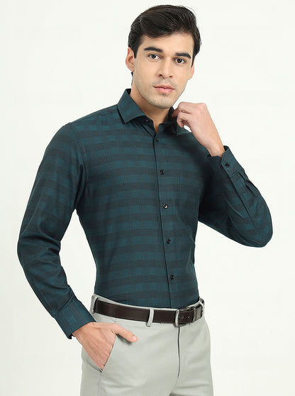 Teal Green Checked Slim Fit Formal Shirt | Greenfibre