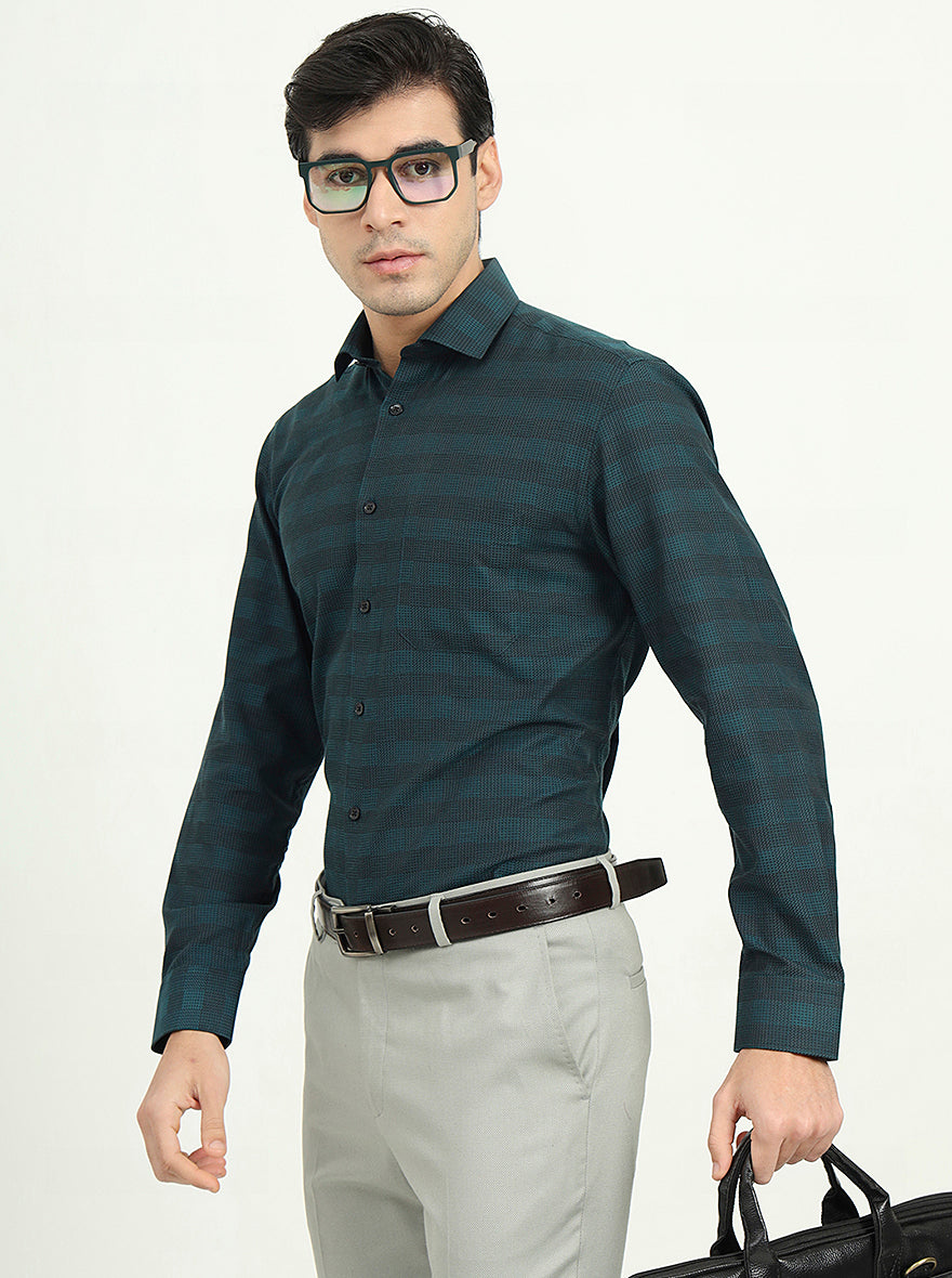 Teal Green Checked Slim Fit Formal Shirt | Greenfibre