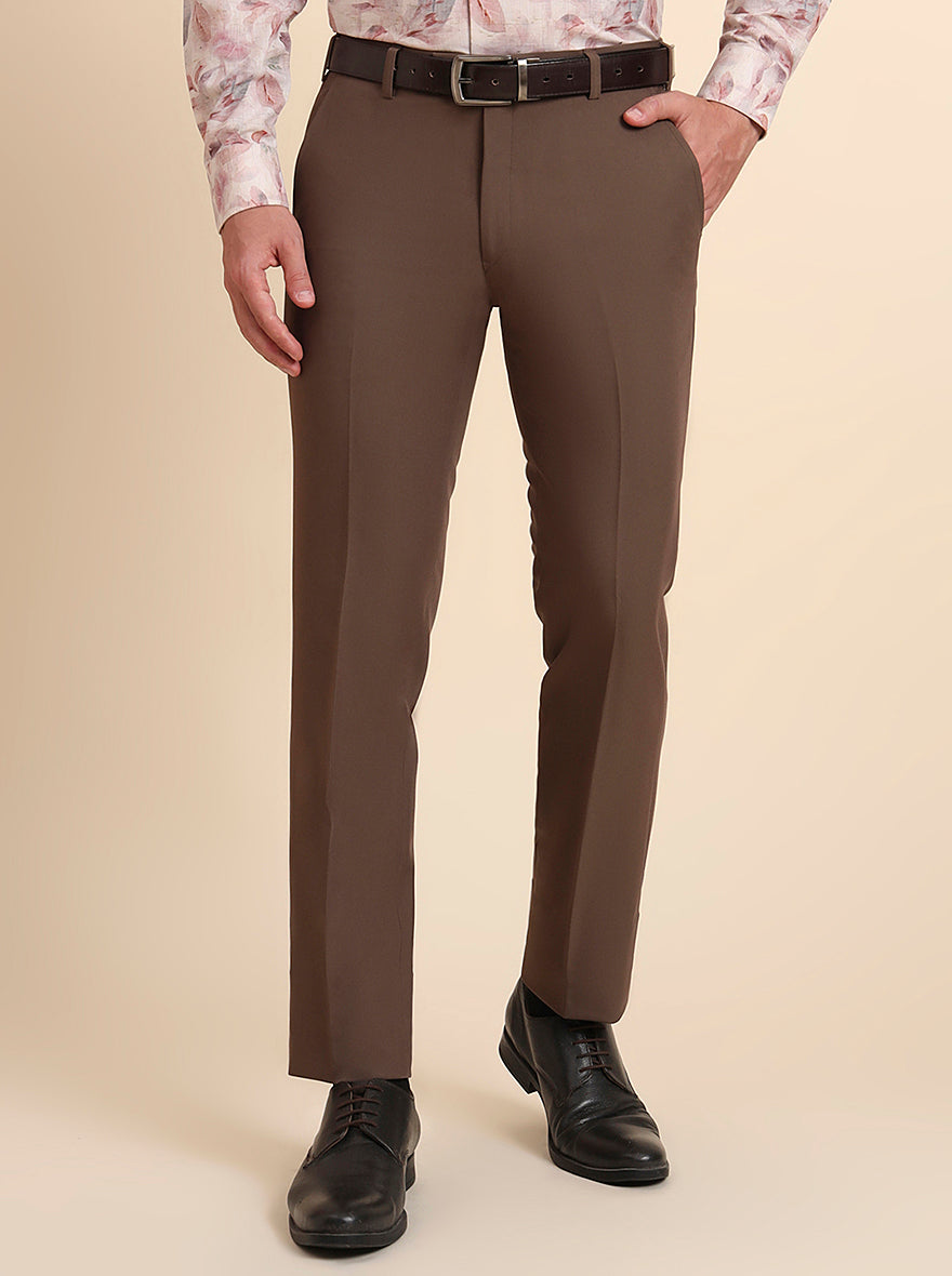 Brown Solid Slim Fit Formal Trouser | Metal