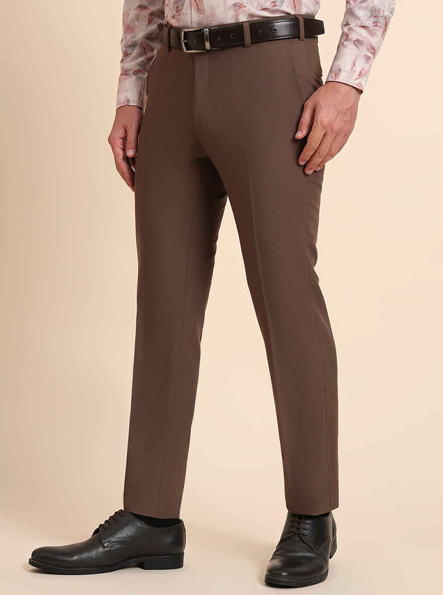 Brown Solid Slim Fit Formal Trouser | Metal