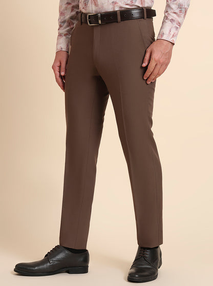 Brown Solid Slim Fit Formal Trouser | Metal