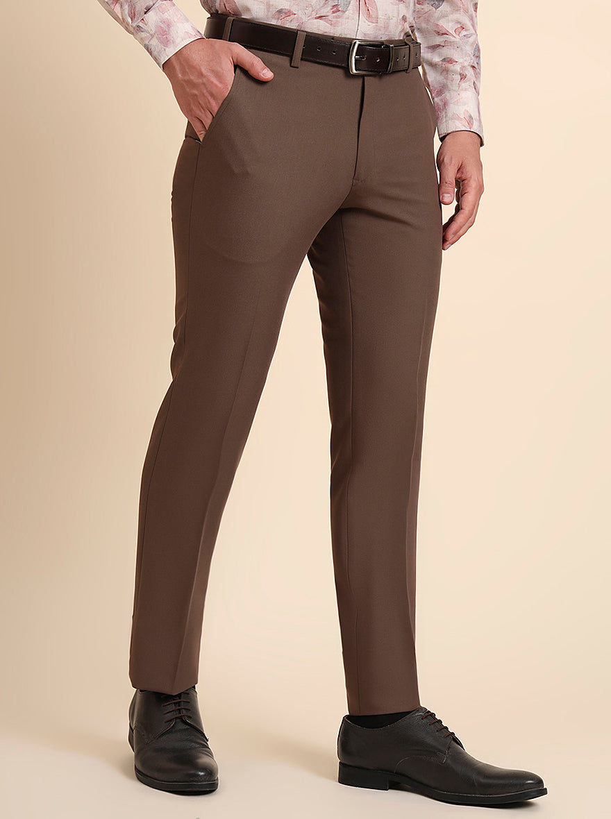 Brown Solid Slim Fit Formal Trouser | Metal