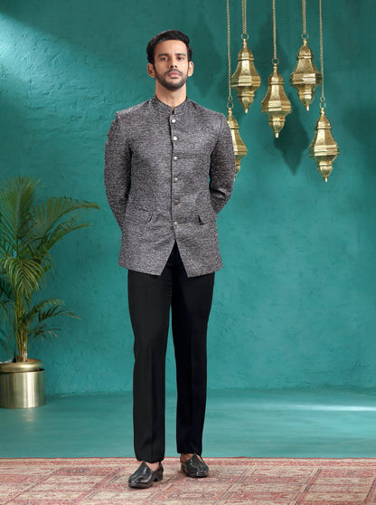 Black Self Design Jodhpuri Suit | JadeBlue
