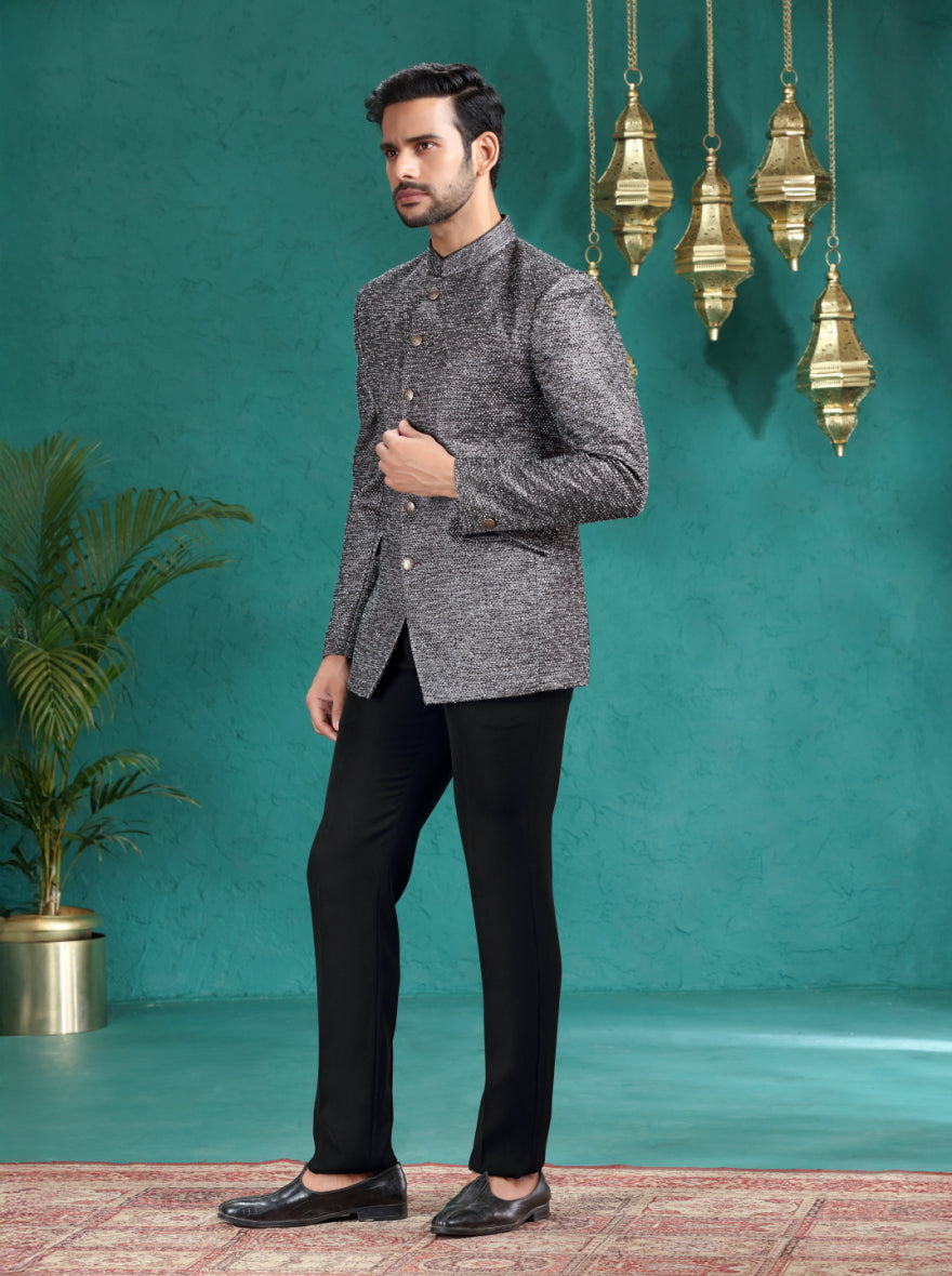 Black Self Design Jodhpuri Suit | JadeBlue