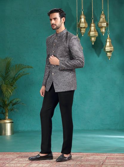 Black Self Design Jodhpuri Suit | JadeBlue