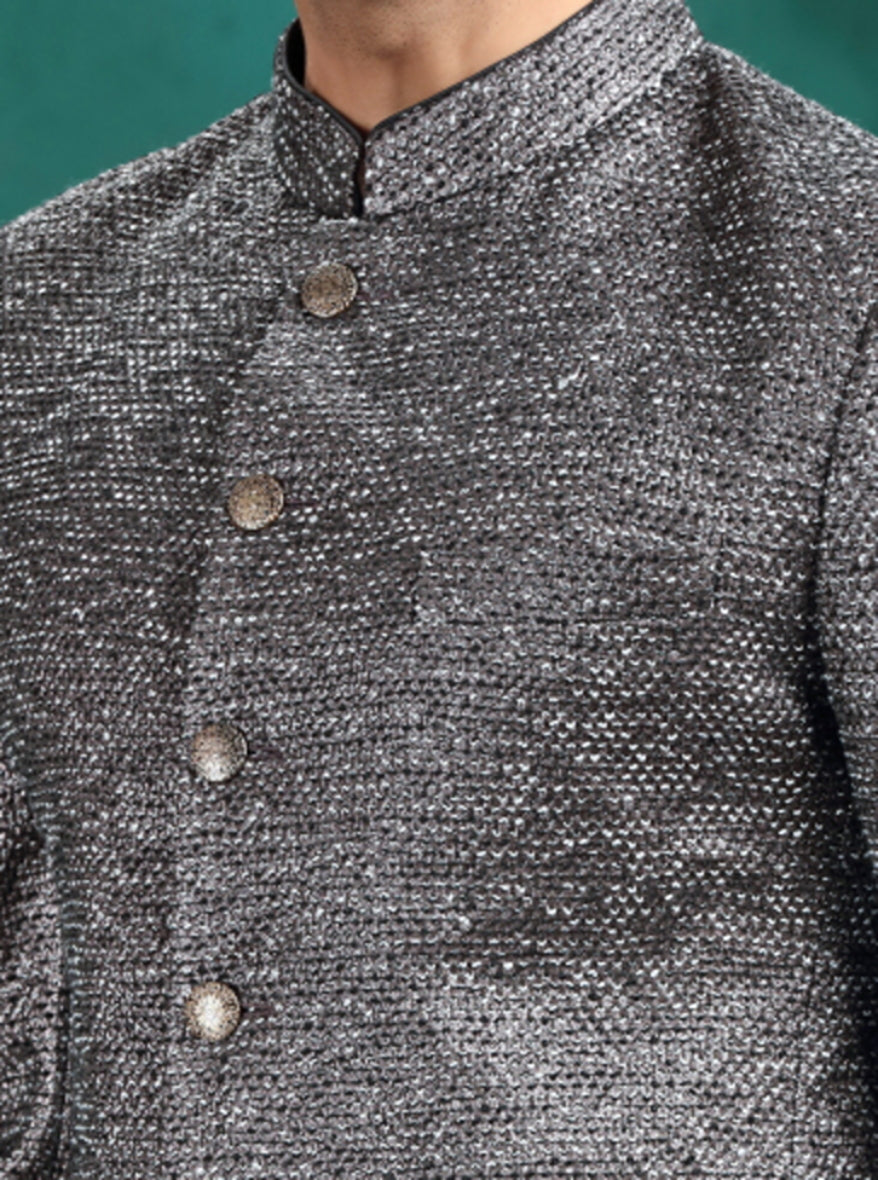 Black Self Design Jodhpuri Suit | JadeBlue