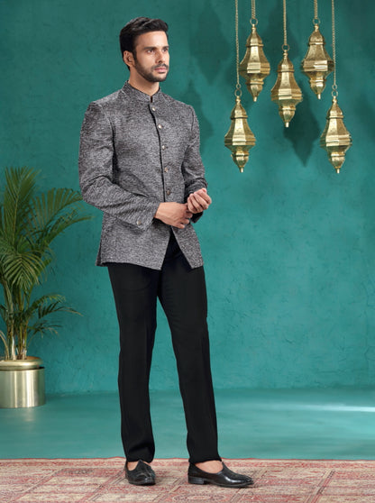 Black Self Design Jodhpuri Suit | JadeBlue