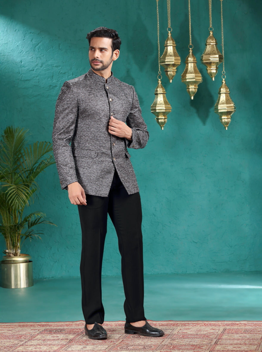 Black Self Design Jodhpuri Suit | JadeBlue
