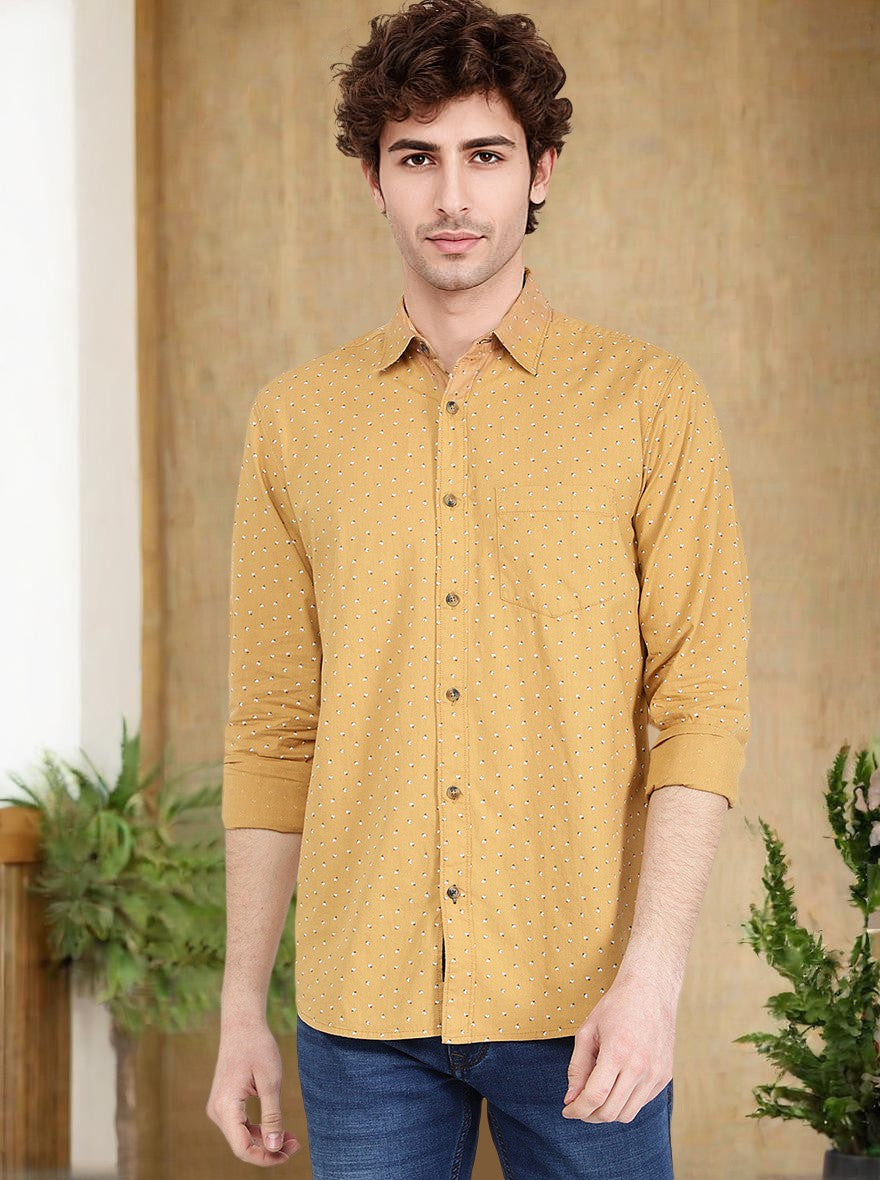 Oscar Yellow Printed Slim Fit Semi Casual Shirt | JadeBlue