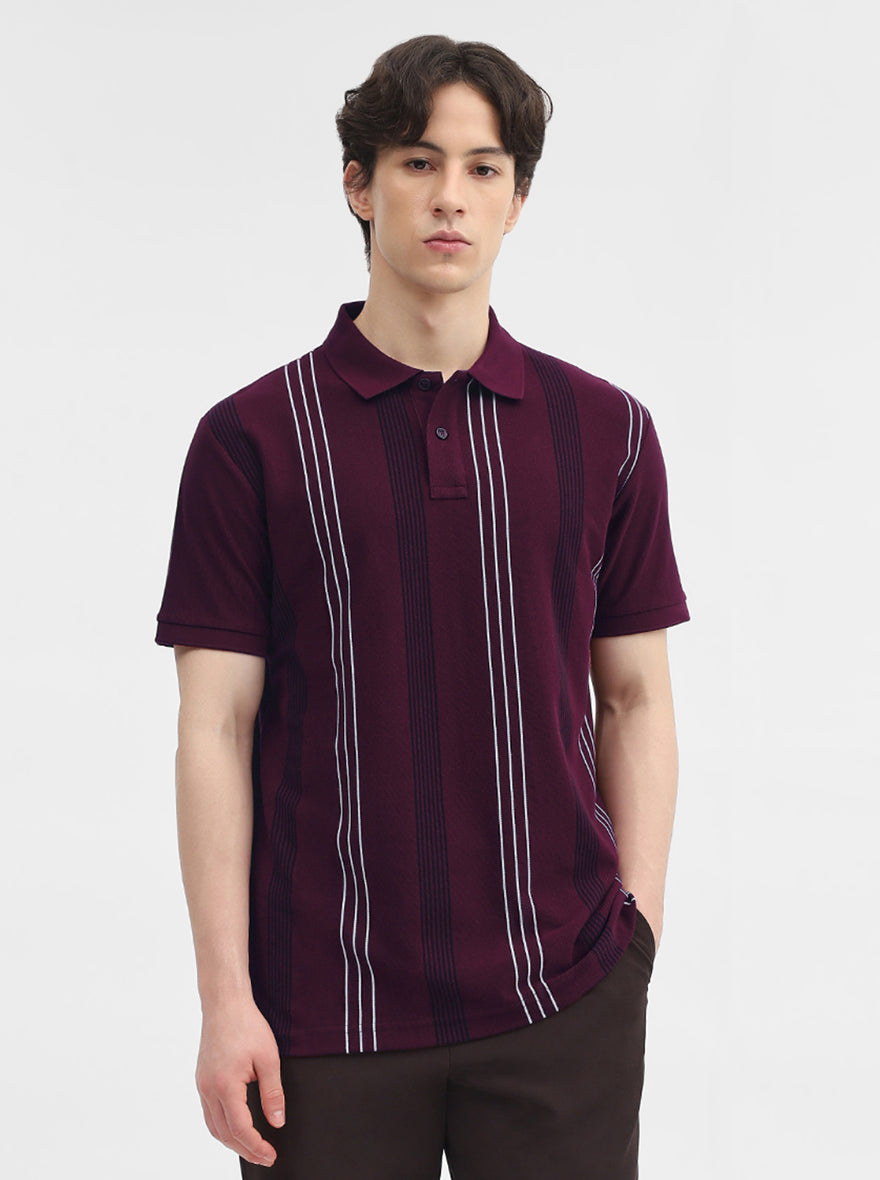 Wine Striped Slim Fit Polo T-Shirt | JadeBlue