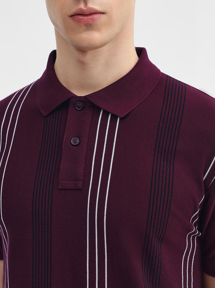 Wine Striped Slim Fit Polo T-Shirt | JadeBlue
