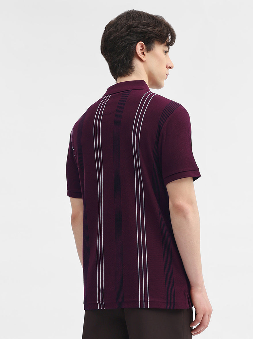 Wine Striped Slim Fit Polo T-Shirt | JadeBlue