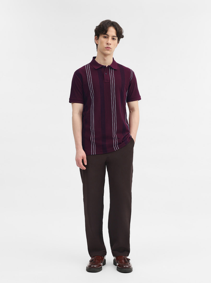 Wine Striped Slim Fit Polo T-Shirt | JadeBlue