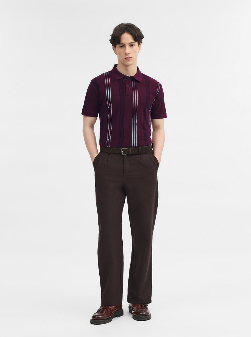 Wine Striped Slim Fit Polo T-Shirt | JadeBlue