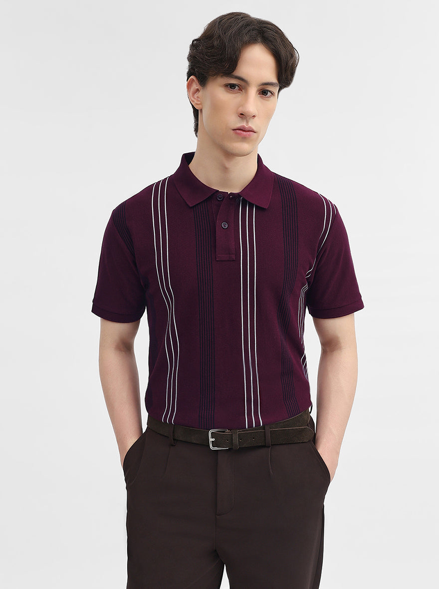 Wine Striped Slim Fit Polo T-Shirt | JadeBlue