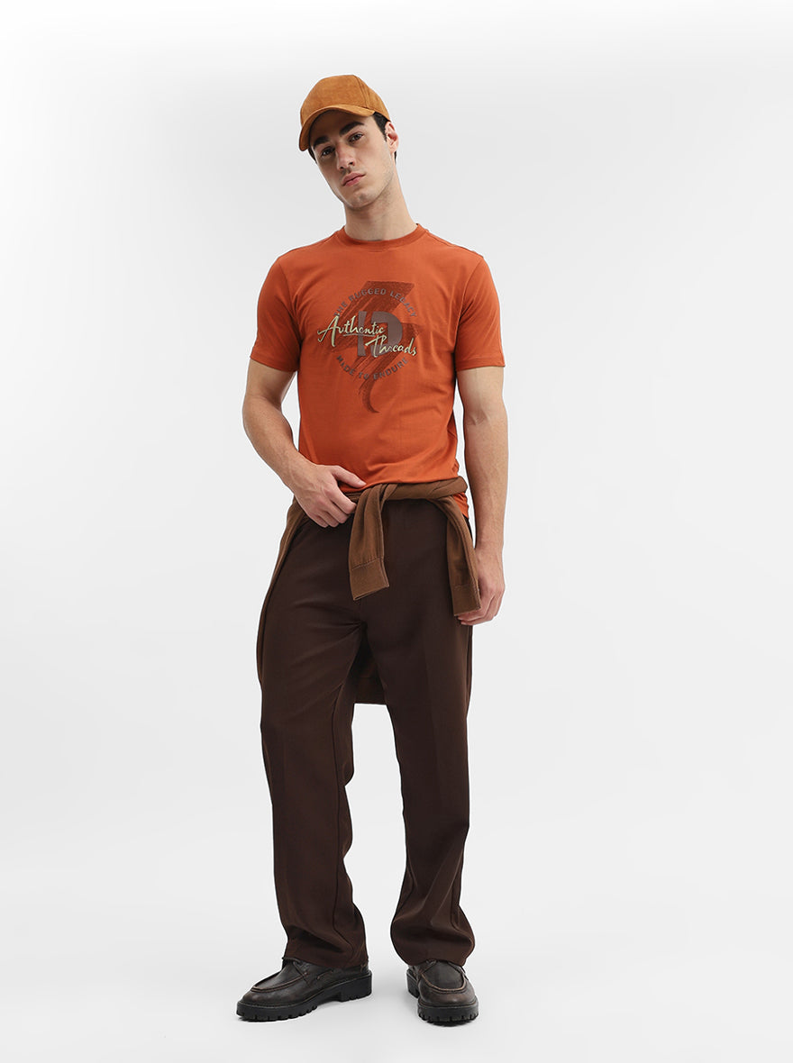 Deep Orange Printed Slim Fit T-Shirt | Greenfibre