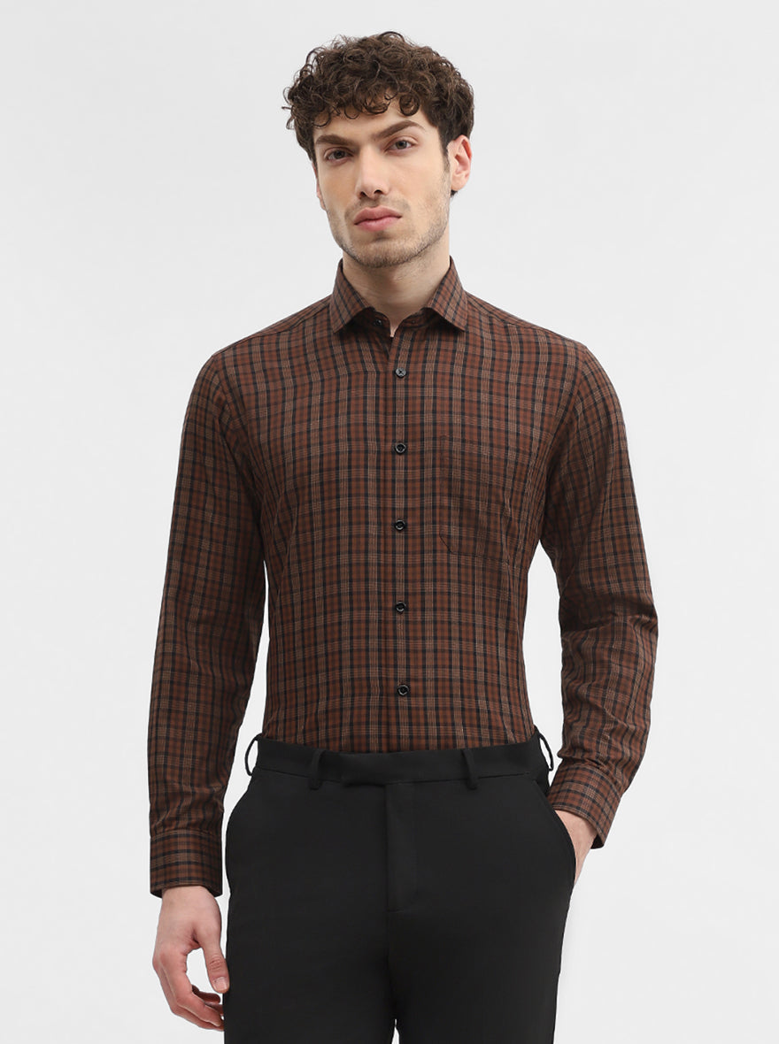 Coffee Brown Checked Slim Fit Formal Shirt | Greenfibre