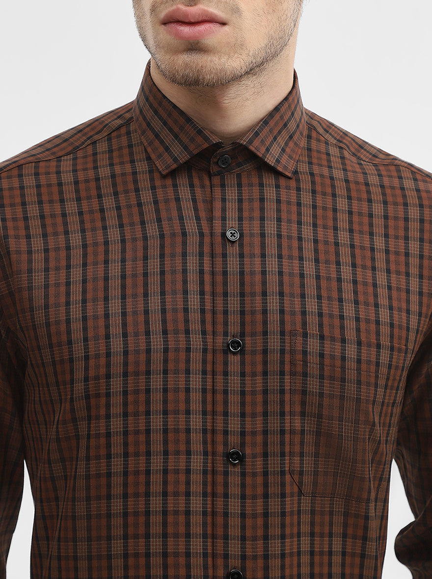 Coffee Brown Checked Slim Fit Formal Shirt | Greenfibre