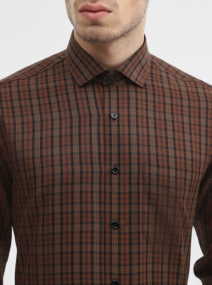 Coffee Brown Checked Slim Fit Formal Shirt | Greenfibre