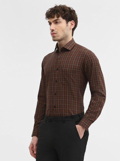Coffee Brown Checked Slim Fit Formal Shirt | Greenfibre