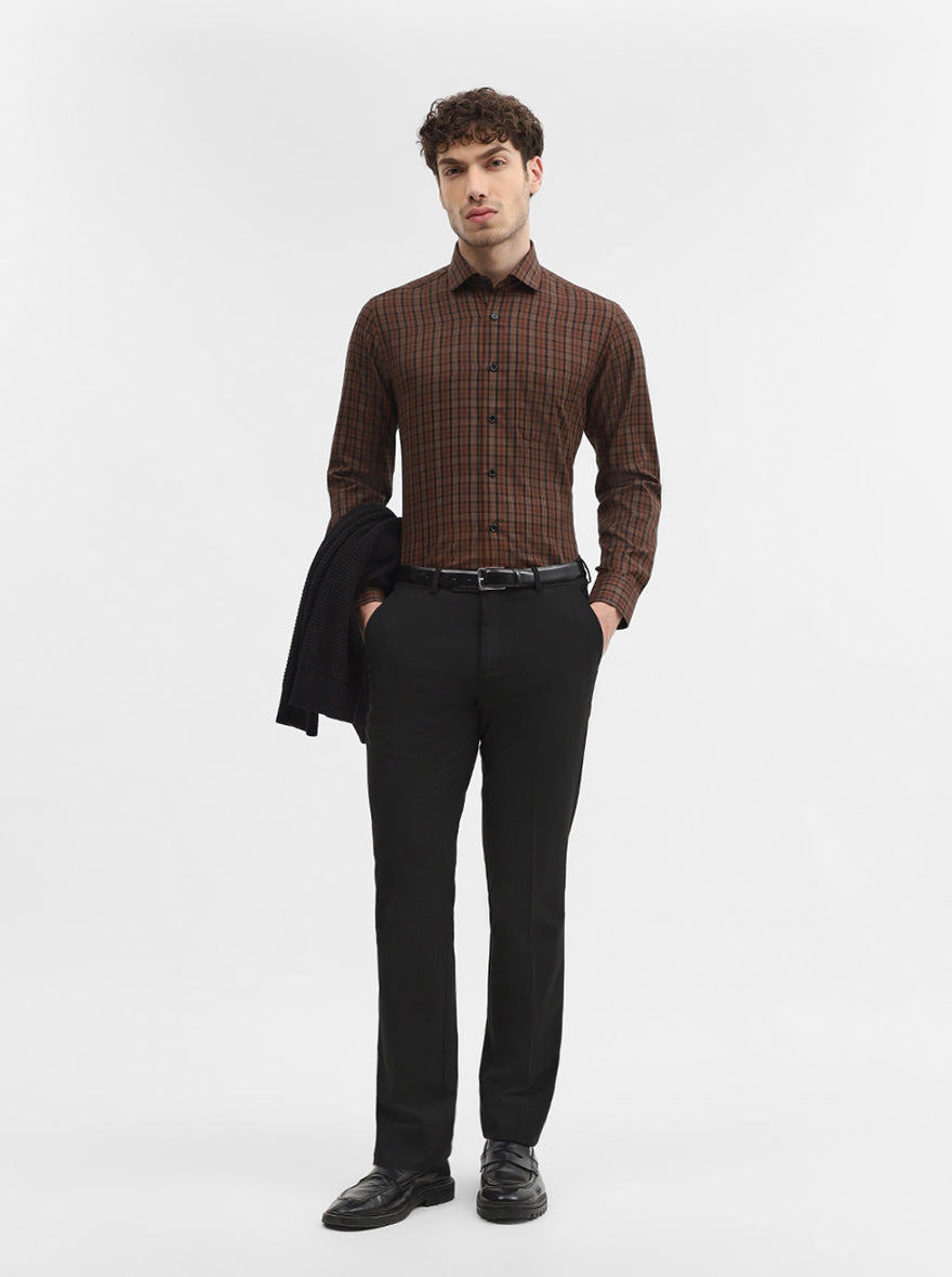 Coffee Brown Checked Slim Fit Formal Shirt | Greenfibre
