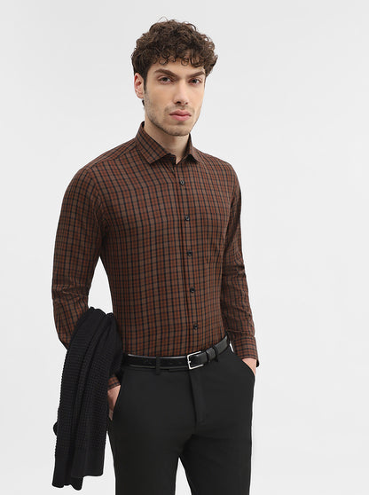 Coffee Brown Checked Slim Fit Formal Shirt | Greenfibre