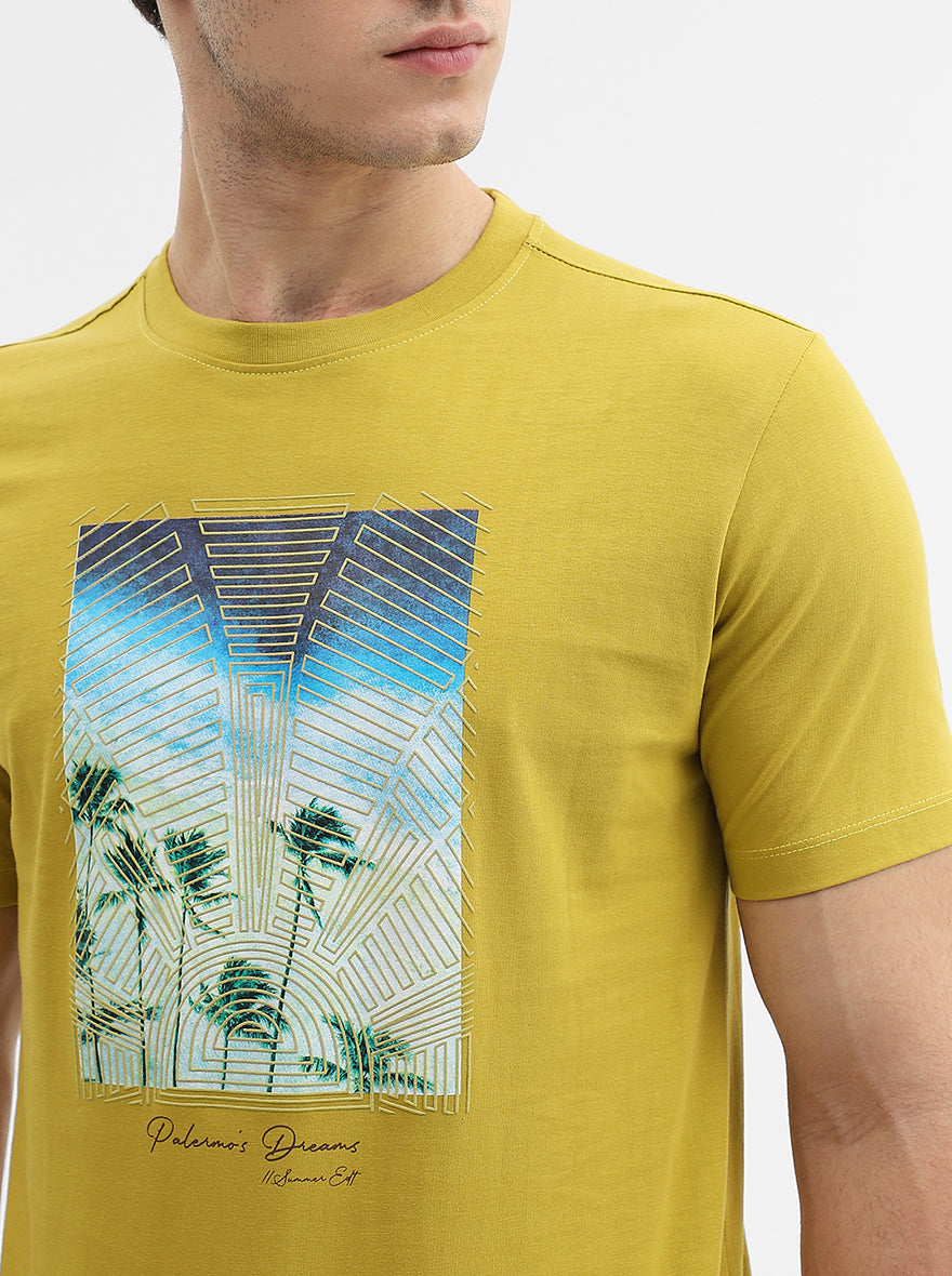 Mustard Printed Slim Fit T-Shirt | Greenfibre