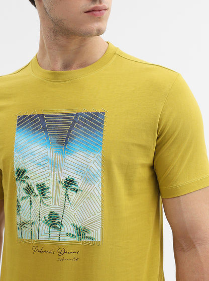 Mustard Printed Slim Fit T-Shirt | Greenfibre