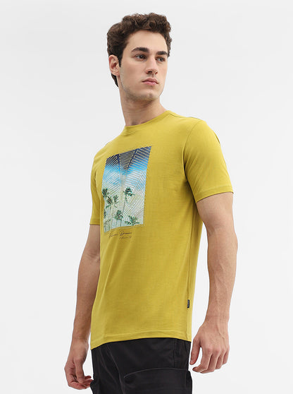 Mustard Printed Slim Fit T-Shirt | Greenfibre