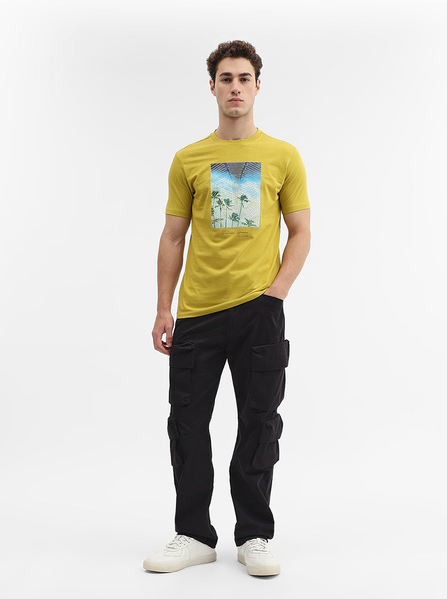 Mustard Printed Slim Fit T-Shirt | Greenfibre