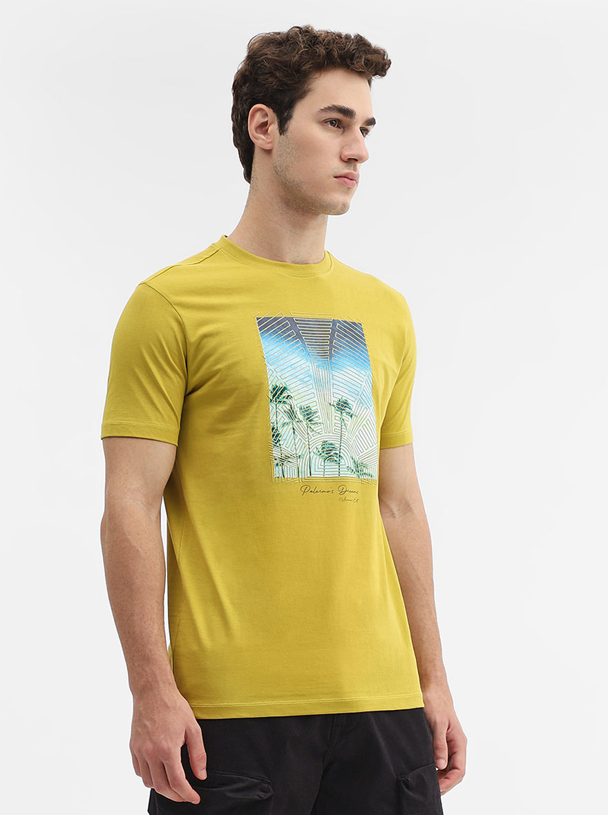 Mustard Printed Slim Fit T-Shirt | Greenfibre