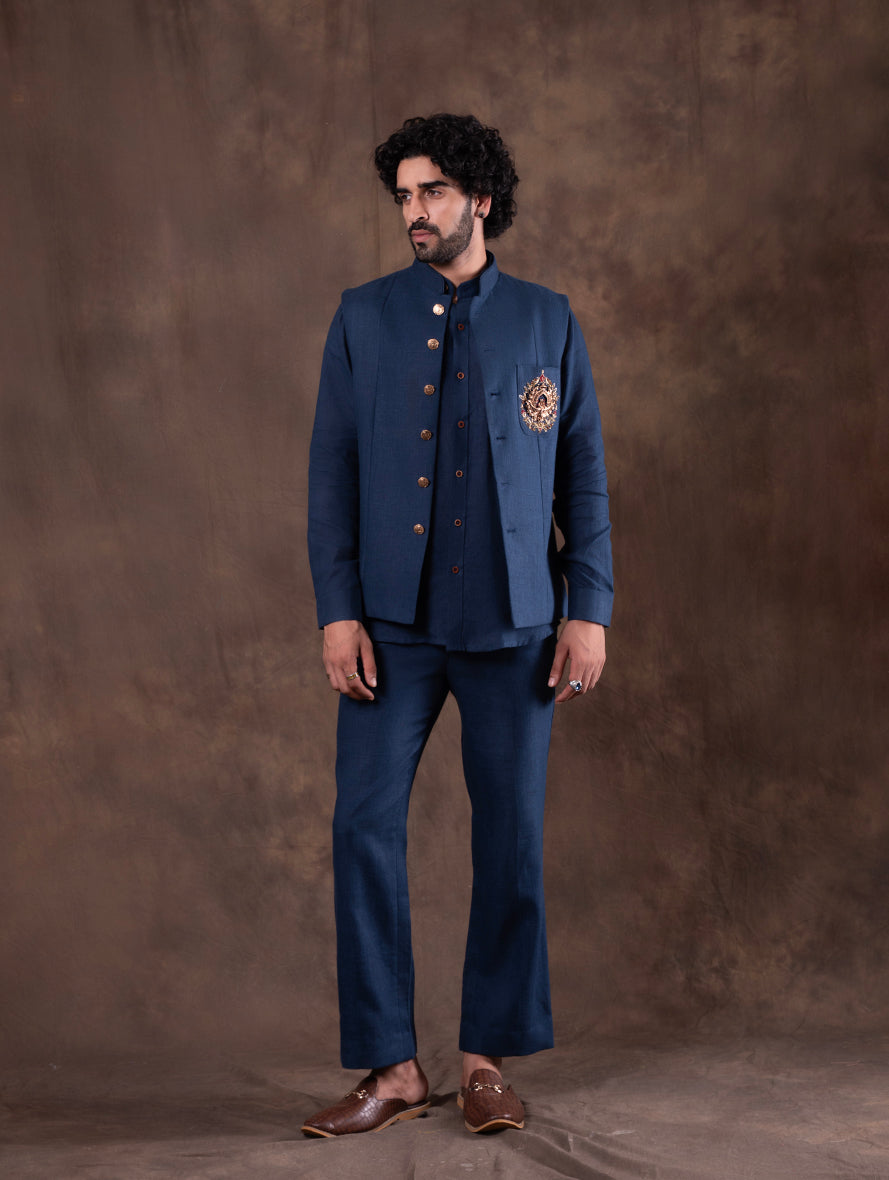 Navy Blue Embroidered  Kurta Pajama with Koti | TULA