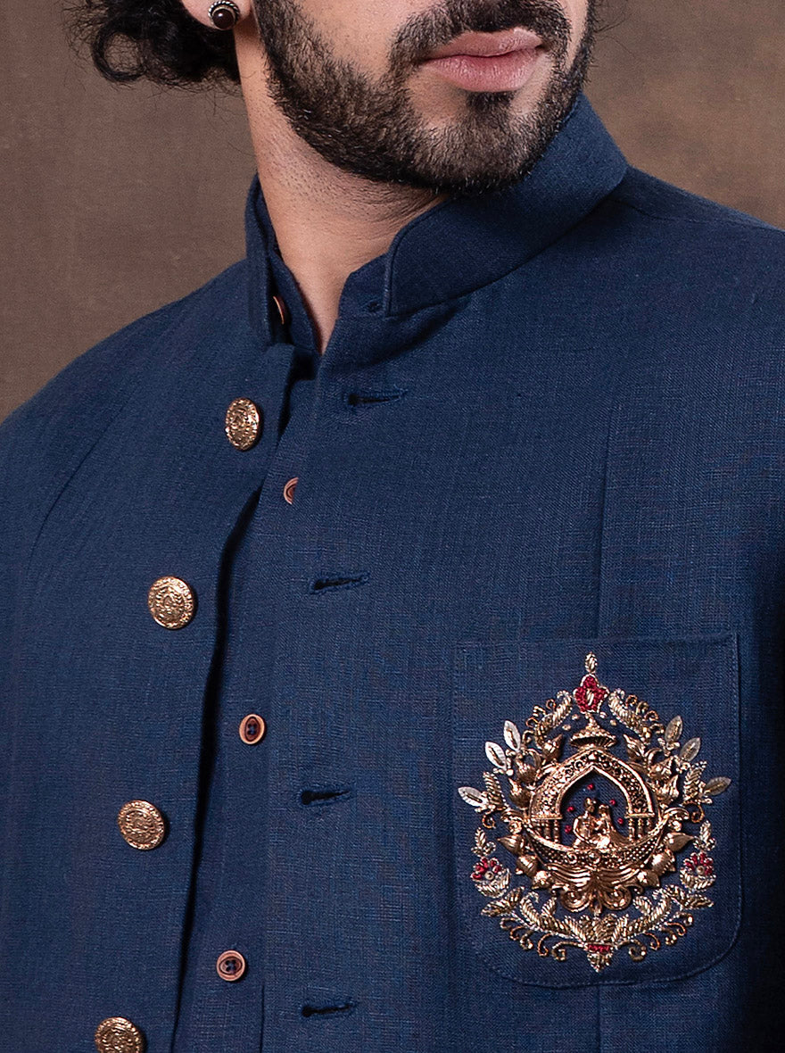 Navy Blue Embroidered  Kurta Pajama with Koti | TULA