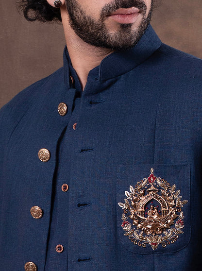 Navy Blue Embroidered  Kurta Pajama with Koti | TULA