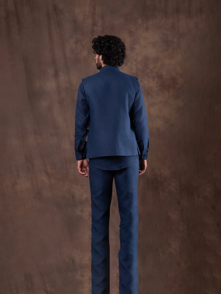 Navy Blue Embroidered  Kurta Pajama with Koti | TULA