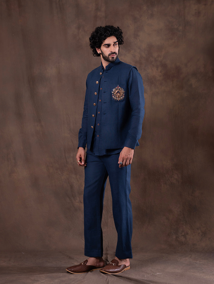 Navy Blue Embroidered  Kurta Pajama with Koti | TULA