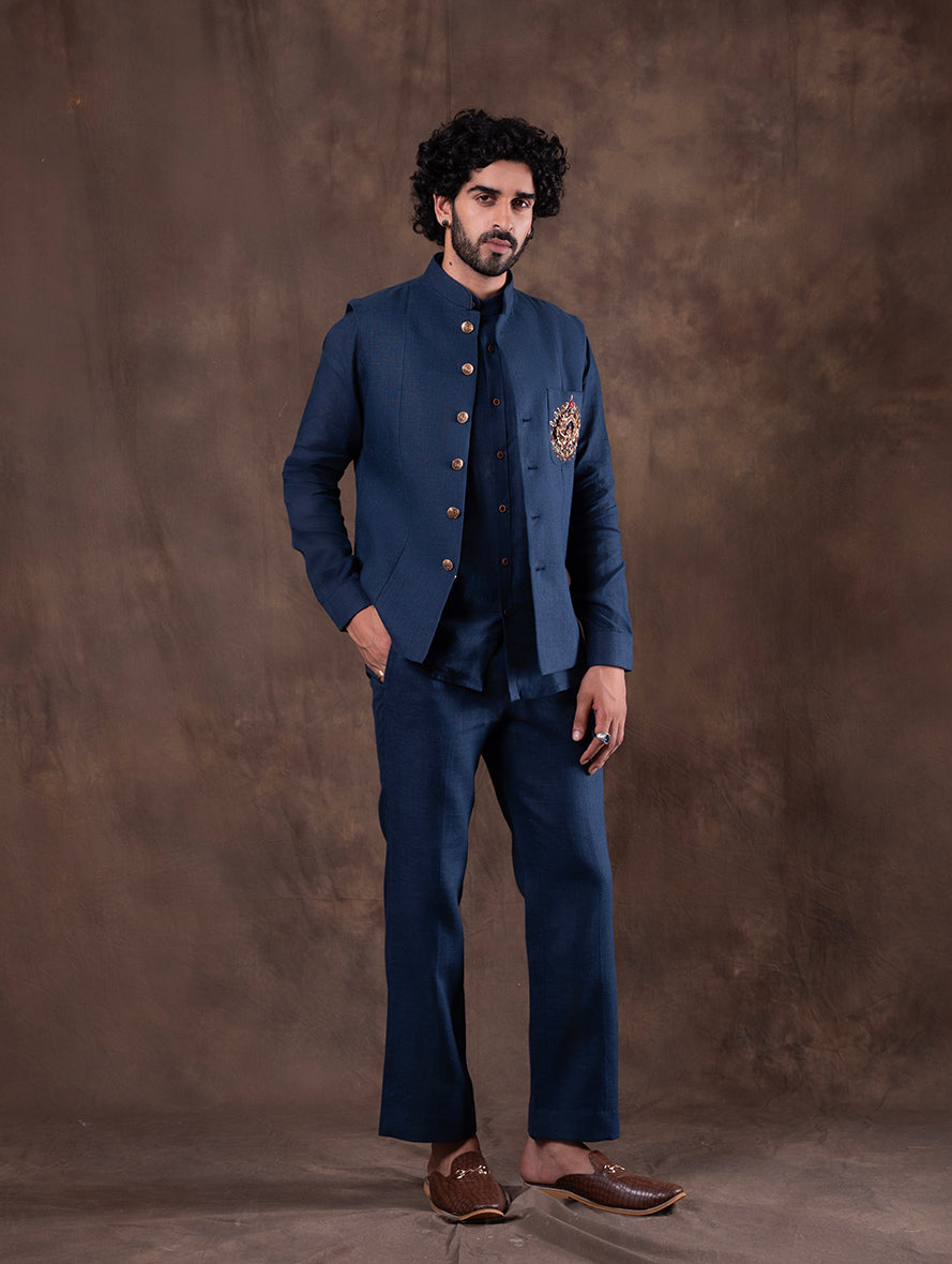 Navy Blue Embroidered  Kurta Pajama with Koti | TULA