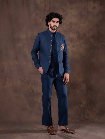 Navy Blue Embroidered  Kurta Pajama with Koti | TULA