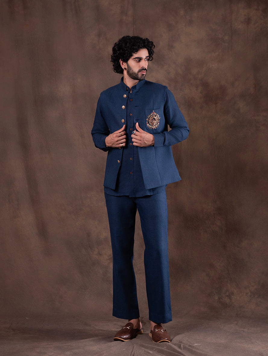 Navy Blue Embroidered  Kurta Pajama with Koti | TULA